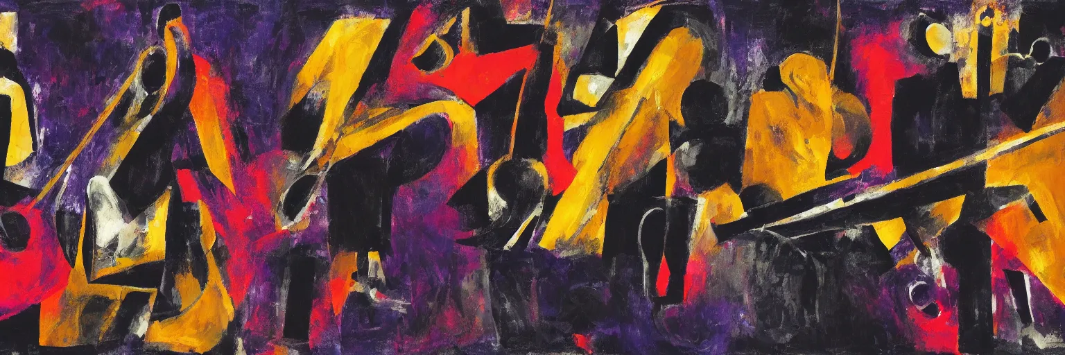 Image similar to visual representation of be - bop jazz music, dark colors, blurry, highly abstract, unreal, insightful, philosophical, jazz instruments, moma museum,