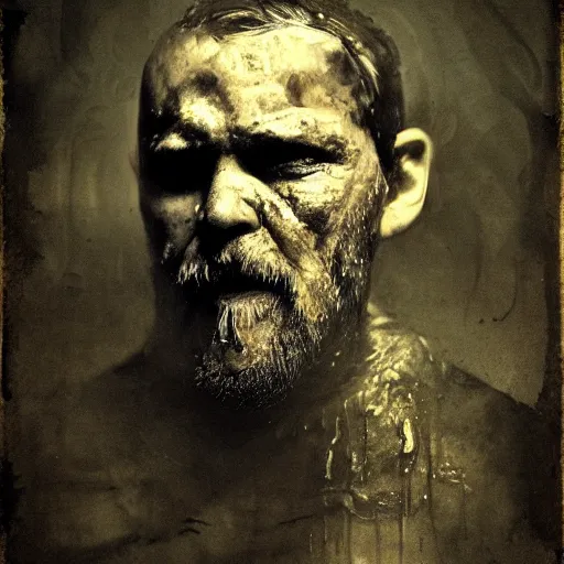 Prompt: wet collodion photography of innsmouth dweller mutant early xx century fisherman sailor old man with gills and scales creatures from the deep ocean by emil melmoth zdzislaw beksinki craig mullins yoji shinkawa realistic render ominous detailed photo atmospheric by jeremy mann francis bacon and agnes cecile ink drips paint smears digital glitches glitchart