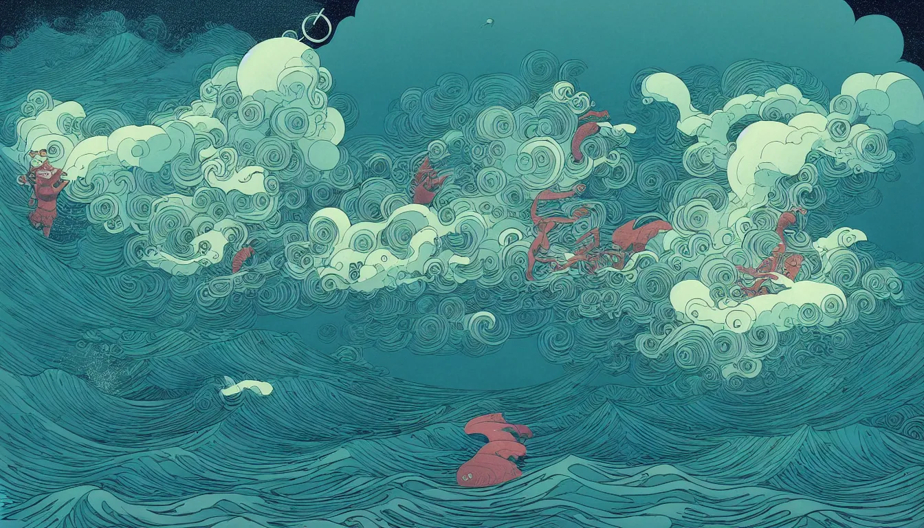 Prompt: storm at sea by balmy enso, jamie hewlett, nicolas delort, moebius, victo ngai, josan gonzalez, kilian eng