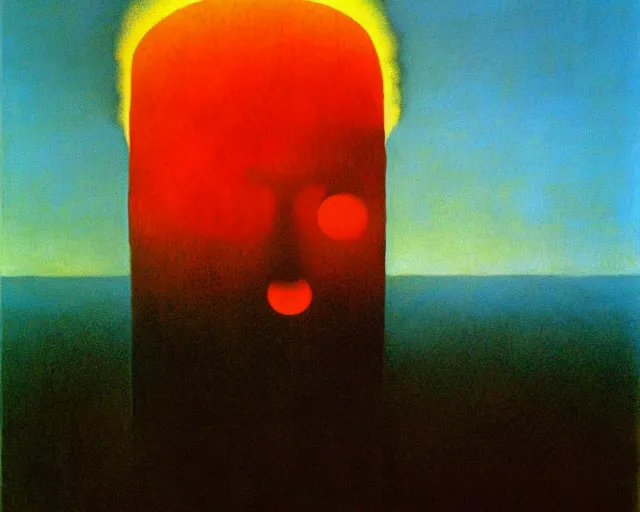 Image similar to fire painting by magritte and beksinski.