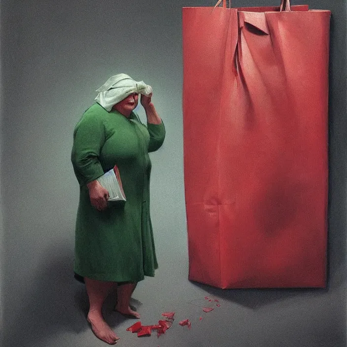 Prompt: melting old fat woman portrait with a white paper bag over the head, dressed in red paper bags, holding stack of green paper bags, highly detailed, artstation, art by edward hopper, zdislav beksinski, wayne barlowe, edward hopper
