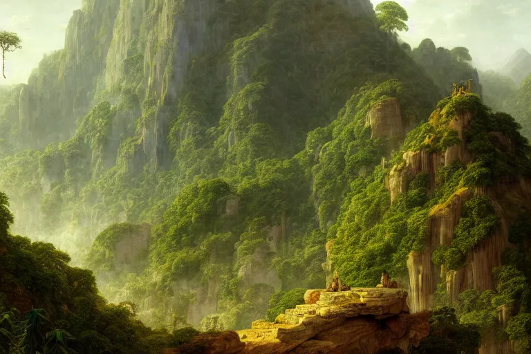 Prompt: a beautiful and highly detailed digital painting of a stone pyramid in the distance, a massive lush mountainous jungle, intricate details, epic scale, hyperdetailed, hyperrealism, artstation, cgsociety, 8 k, sharp focus, by caspar friedrich, albert bierstadt, james gurney,