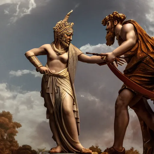 Image similar to photo of the goddess athena talking with odysseus, laughing and nodding, photorealistic, prizewinning photo, ultradetailed, cloudy day lighting