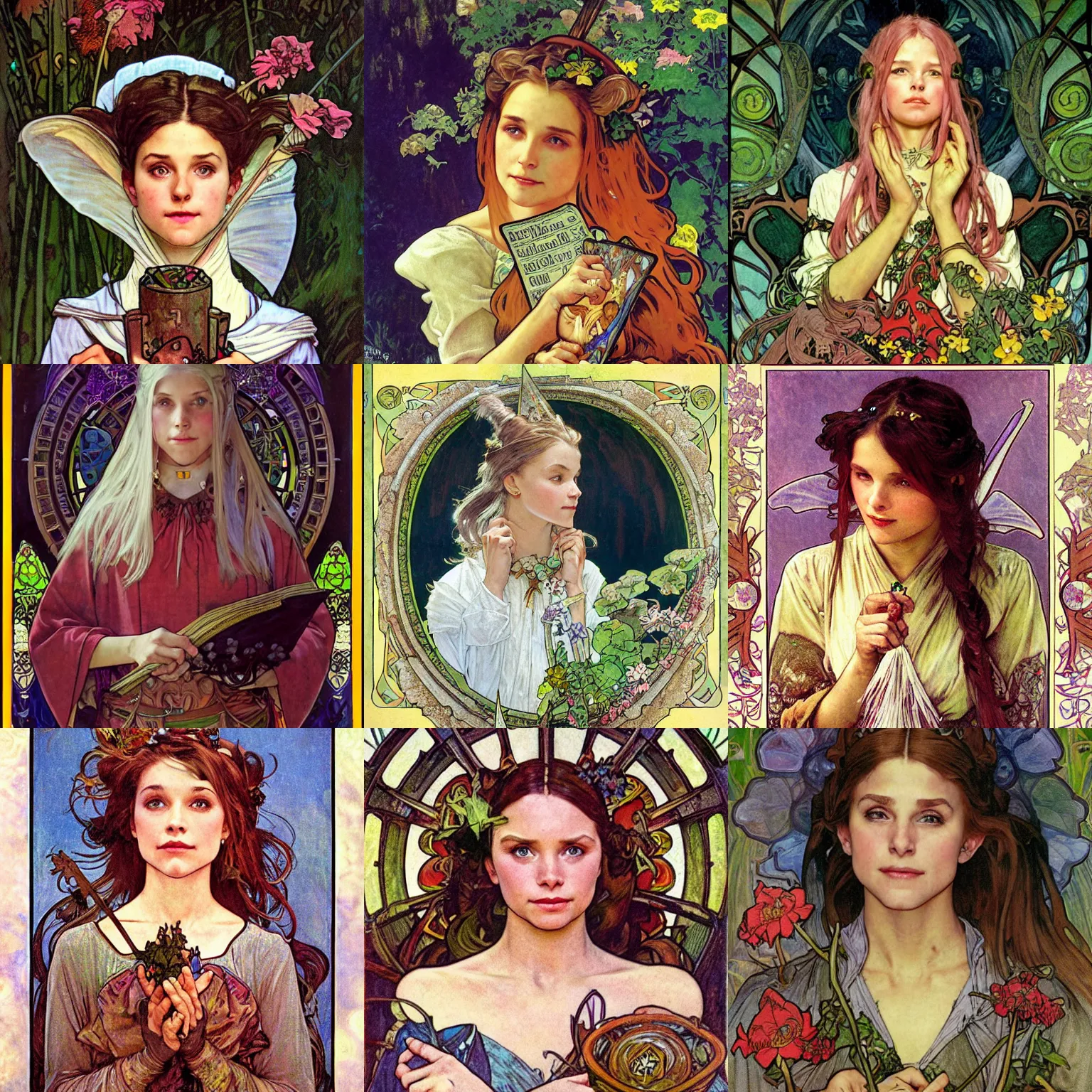 Prompt: portrait female wizard, dungeons and dragons, high fantasy, fairy, character, city, flower garden, happy, painting, by norman rockwell and alphonse mucha