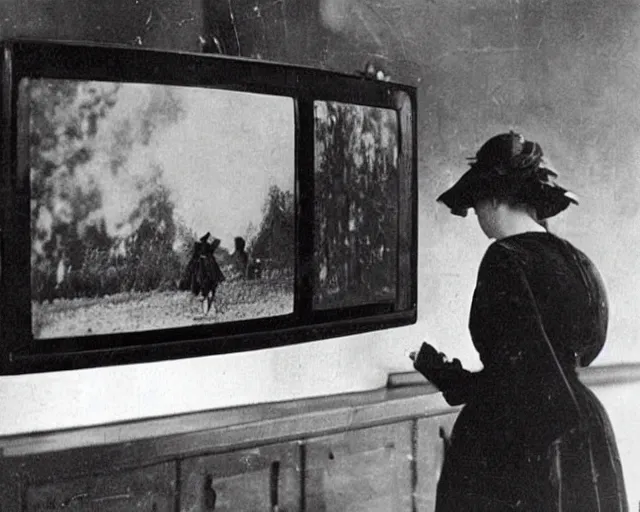 Image similar to 1 9 0 0 s photo of a person watching a flat screen hd tv