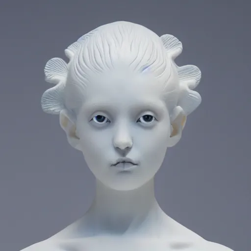 Image similar to full head and shoulders, beautiful female porcelain sculpture by daniel arsham and raoul marks, smooth, all white features on a white background, delicate facial features, white eyes, white lashes, detailed white, lots of real pastel blue hair in a winding geometric hairstyle on the head