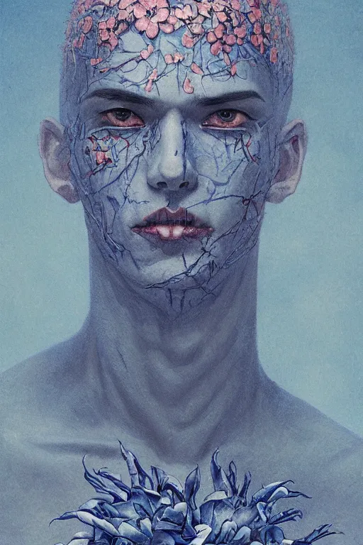 Prompt: portrait of beautiful young man, warhammer, japanic style, cyberpunk, a lot of scars, more and more flowers, blue head, the middle ages, highly detailed, artstation, illustration, art by jean delville, 8 k quality