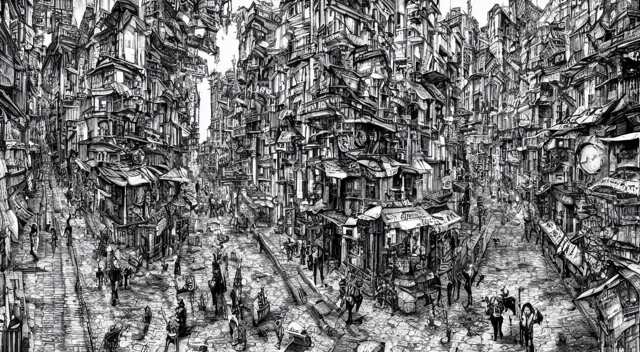 Prompt: steampunk city street with no people by junji ito, trending on artstation