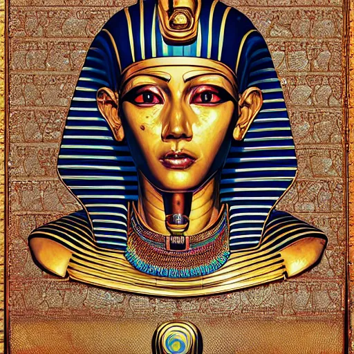 Prompt: portrait of tutankhamun, symmetrical, by yoichi hatakenaka, masamune shirow, josan gonzales and dan mumford, ayami kojima, takato yamamoto, barclay shaw, karol bak, yukito kishiro