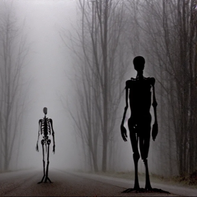 Prompt: 2 0 0 1 camcorder footage of a skinless figure standing silently on the side of a misty road, photorealistic, grainy, camcorder, horror, creepy, unsettling, liminal, strangely terrifying