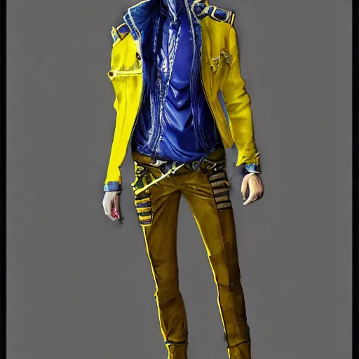 Prompt: elven male, shaggy blonde hair. Wearing modern yellow leather jacket and blue camo pants. Modern, concept art