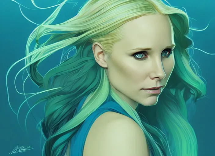 Image similar to style artgerm, joshua middleton, beautiful kristen bell with green dress, very long blue hair, symmetrical face, symmetrical eyes, water powers water swirling, detailed, beach setting, cinematic lighting