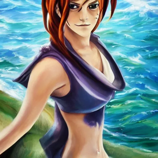 Prompt: beautiful emma watson cosplay as nami from one piece, oil painting, full body.