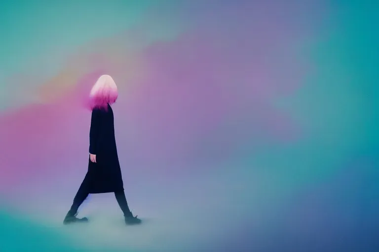 Prompt: high quality pastel coloured film photograph of a model wearing black clothing walking on clouds in a haze filled dreamstate world. three point light. photographic production. art directed. pastel colours. volumetric clouds. pastel gradient overlay. waves glitch artefacts. 8 k. filmic.