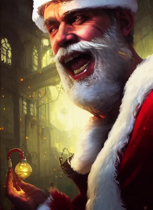 Prompt: Highly detailed portrait of santa claus vampire, in GTA V, Stephen Bliss, unreal engine, fantasy art by Greg Rutkowski, Loish, Rhads, ferdinand knab, Makoto Shinkai and Lois van baarle, ilya kuvshinov, rossdraws, Tom Bagshaw, alphonse mucha, global illumination, radiant light, detailed and intricate environment