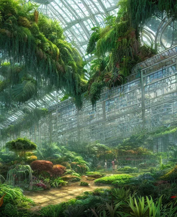 Image similar to an enormous conservatory greenhouse exterior, overgrown with exotic fungus, overgrown with huge ferns, cliff side, noon, sun drenched, partly cloudy, by dan mumford, yusuke murata, makoto shinkai, ross tran, cinematic, unreal engine, cel shaded, featured on artstation, pixiv