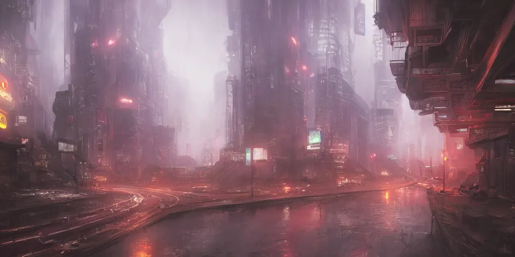 Cyberpunk streets illustration, futuristic city, dystoptic artwork at  night, 4k wallpaper. Rain foggy, moody empty future Stock Illustration