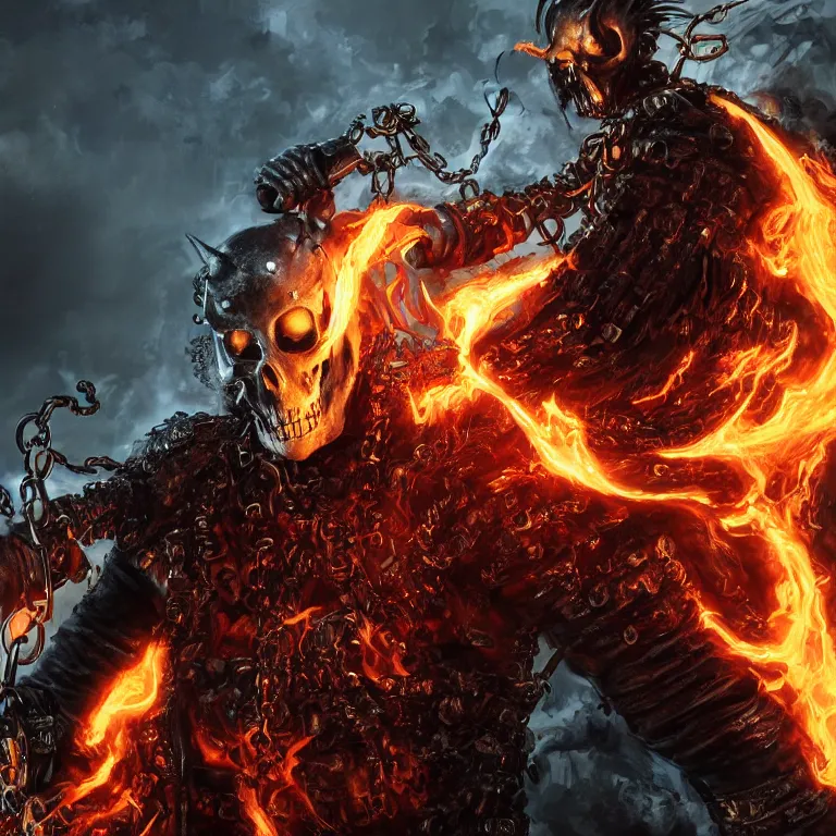 Image similar to Ghost Rider wearing a leather coat and chains, flaming grim reaper, demons of hell, the pits of hell, headshot photo, character concept, dark souls concept art, Feng Zhu concept art, dramatic lighting, highly stylized, trending on artstation, high-quality wallpaper, desktopography