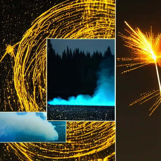 Image similar to collage, lasers and smoke over a lake in the nightime