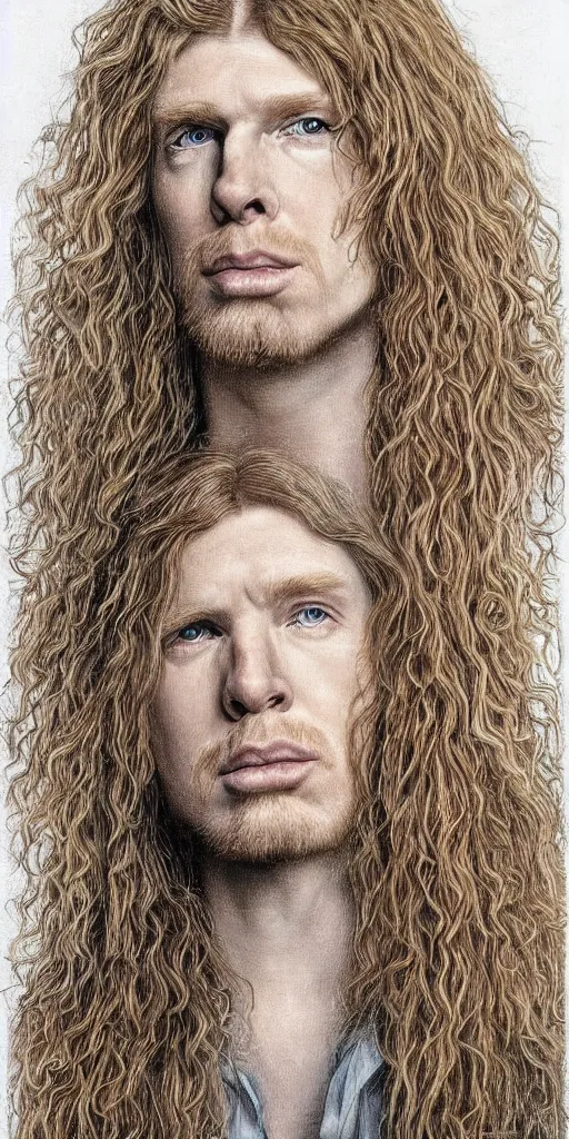 Image similar to Pre-Raphaelite portrait of Dave Mustaine from Megadeth, with very long blond hair and grey eyes