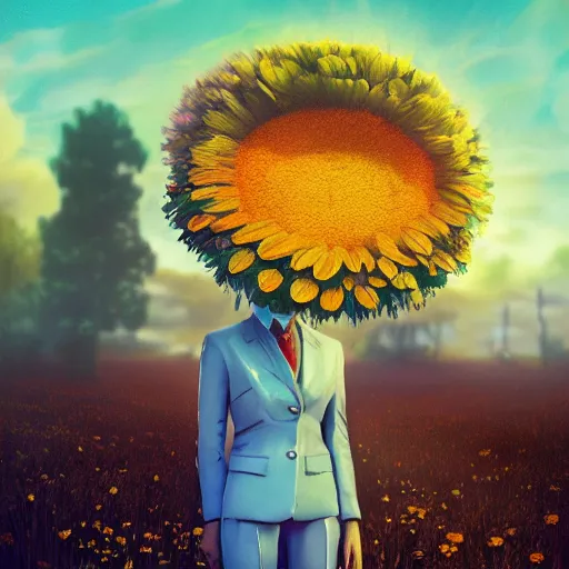 Prompt: giant daisy flower head, frontal, woman in a suit, surreal photography, sunrise, dramatic light, impressionist painting, digital painting, artstation, simon stalenhag