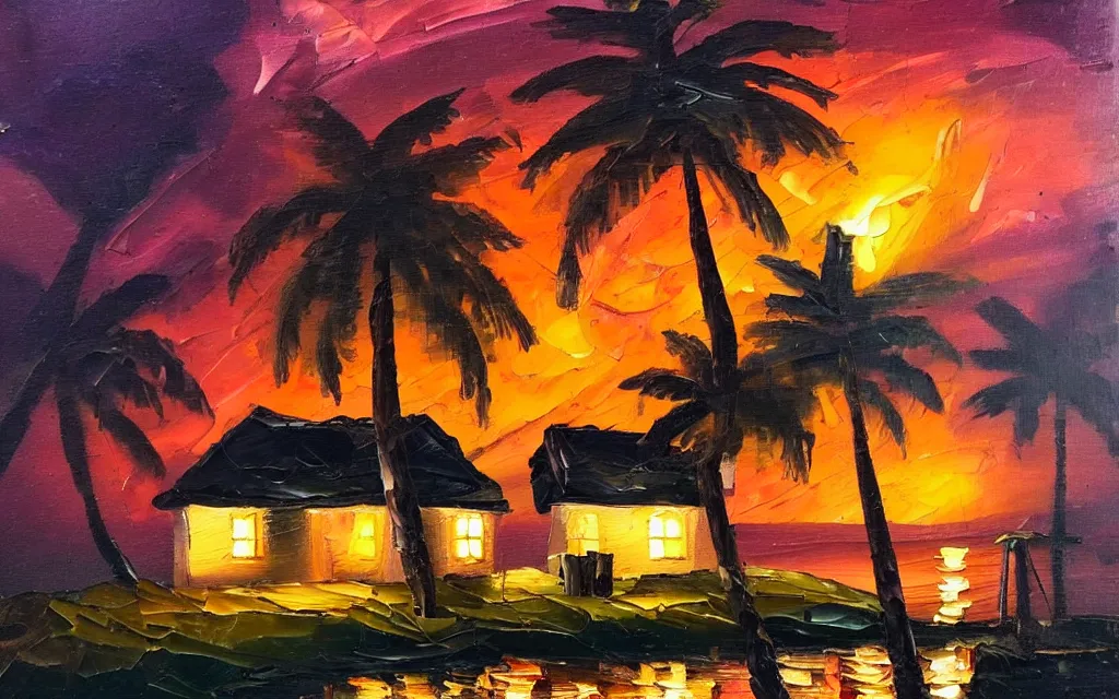 Prompt: cute cozy cottage!! on a tiny small island, torches, chairs, palm trees, dark very late evening cloudy sunset, dramatic and dynamic lighting, thick brush strokes oil impasto painting