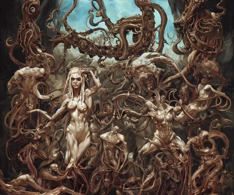 Prompt: elegant renaissance painting of sorceress final boss bodybuilder vecna battle, art by alex ross and peter mohrbacher, epic biblical depiction, flesh and bones, fangs, teths and tentacles, corpses and shadows!