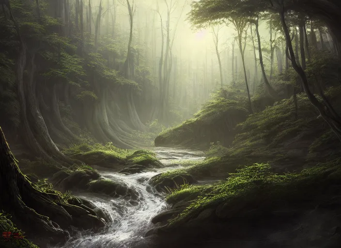 Prompt: a painting of a forest with a river running through it, a detailed matte painting by sun long, cgsociety, fantasy art, matte painting, cryengine, matte drawing