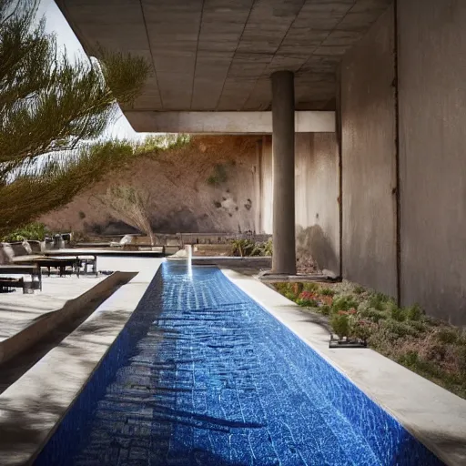 Image similar to brutalism style concept hotel in the desert, biophilia mood, pool, garden, highly detailed, cinematic, photorealistic,