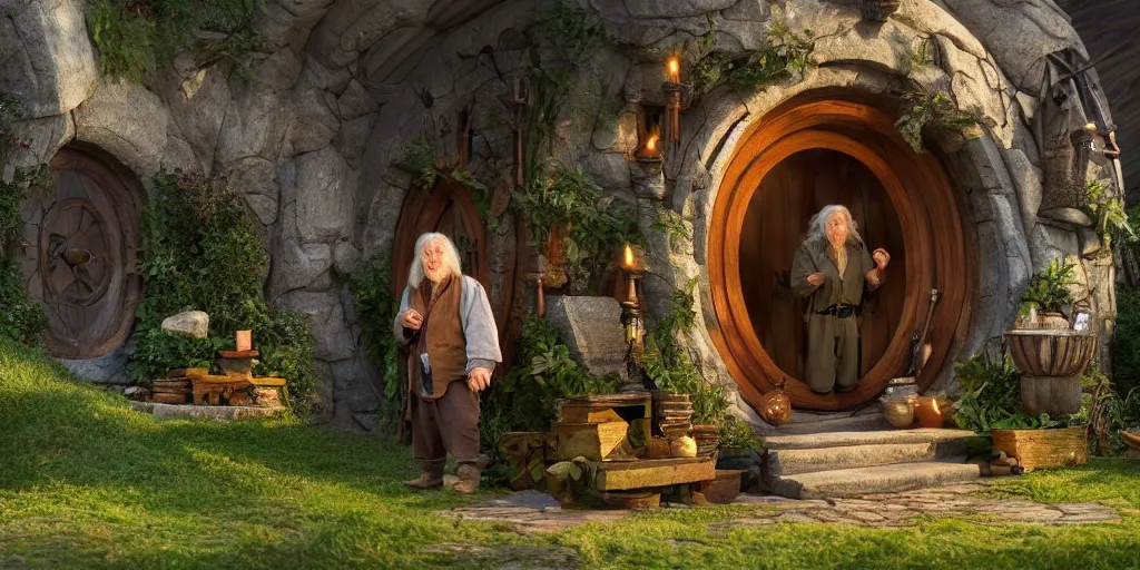 Prompt: a hobbit in his home at the shire with gandalf casting spells and orcs dances fantasy hi quality 4 k render,