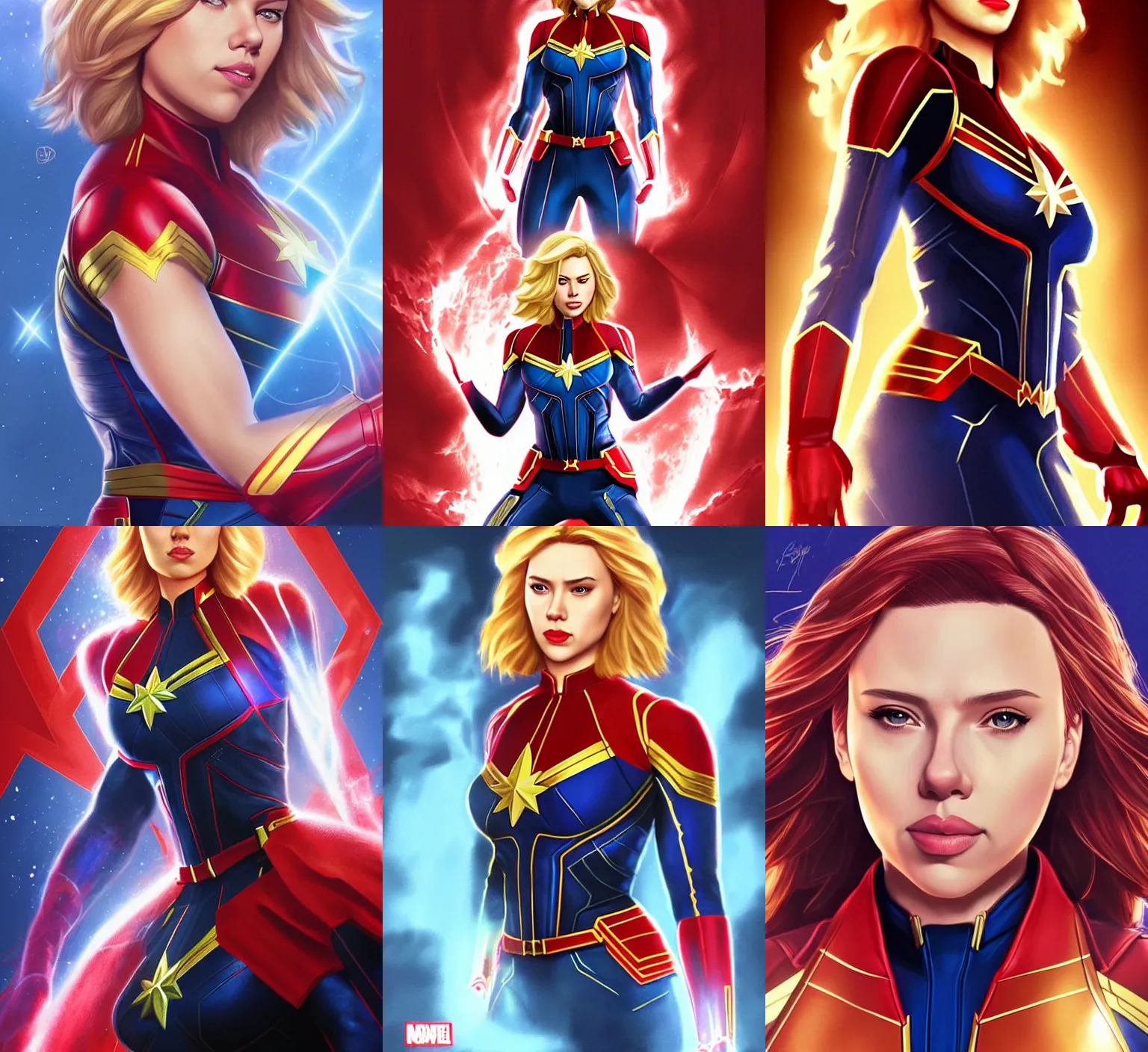 Prompt: Scarlett Johansson as Captain Marvel, trending on artstation, art by Artgerm