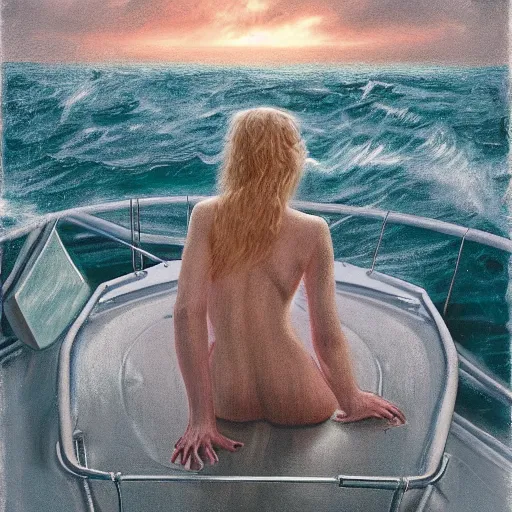 Prompt: silhouette of Elle Fanning on a boat at sea, stormy weather, extremely detailed realist masterpiece, oil on canvas, low-key neon lighting, artstation, Blade Runner 2049, Roger Deakin’s cinematography, by J. C. Leyendecker and Peter Paul Rubens,