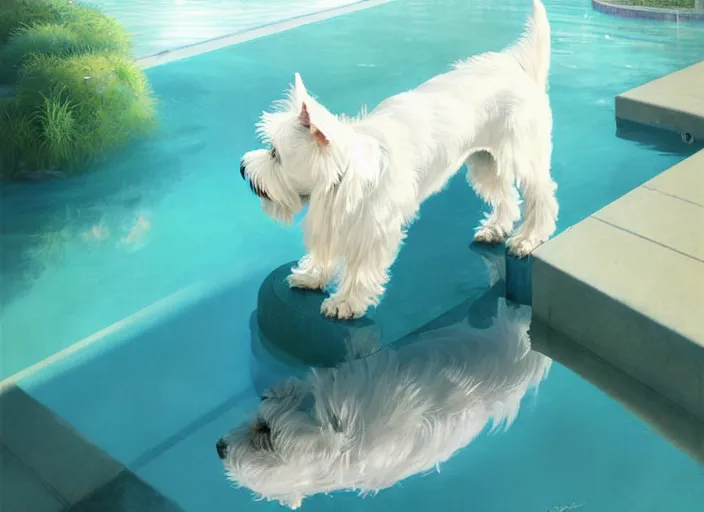 Image similar to west highland white terrier sitting by a pool, bright, reflections, intricate, sharp focus, lens flare, bloom, illustration, highly detailed, digital painting, concept art, matte, art by ruan jia and wlop and greg rutkowski, masterpiece