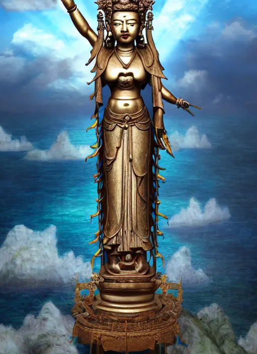 Image similar to guanyin stand on big loutus, a godness of the southern seas, a realistic setting with muted colors, visual novel cover, by yoshitaka amano, zeng fanzhi, jane hamilton, tiffany studios, sunrays shine uponit, frostbite 3 engine, cryengine, dof, trending on artstation, digital art, fantasy detailed background