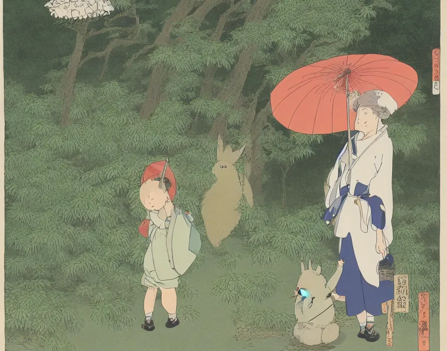 Image similar to female Retzling with short blond air, standing with big Totoro::20 at a japanese bus stop, holding an umbrella, in the dark forest, rainy night, Studio Ghibli, Hayao Miyazaki, Ukiyo-e, style Katsushika Hokusai,
