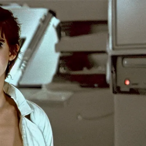 Prompt: film still of Emma Watson as Ripley in final scene scene in Alien 1979, 4k