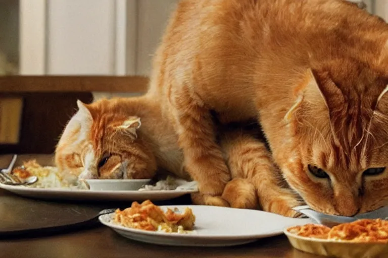 Image similar to large overweight orange cat eating lasagna by Roger Deakins