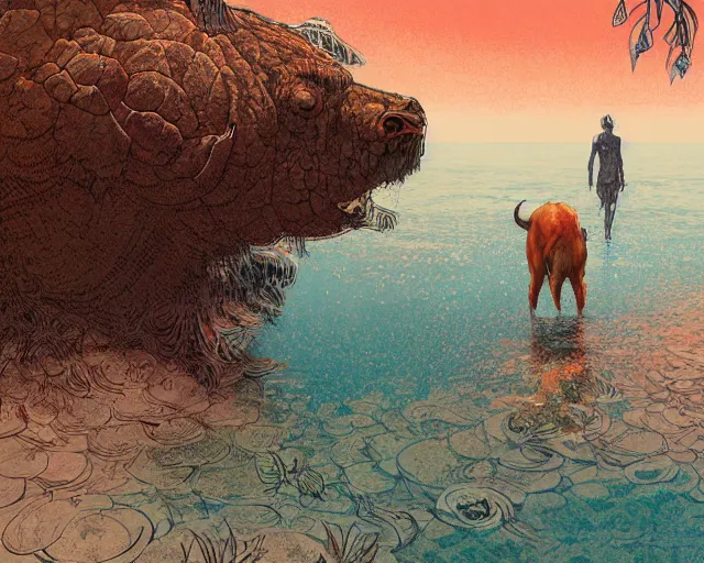 Image similar to a minotaur walking in shallow water, digital art, illustrated by james gurney and victo ngai