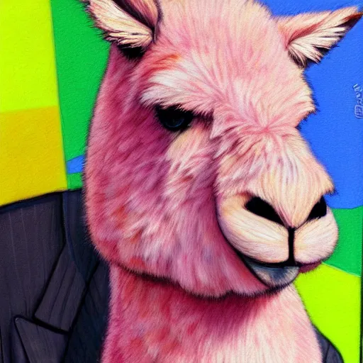 Image similar to portrait of a pink alpaca wearing a suit by Hayao Miyazaki, manga, trending on artstation, beautiful, colorful