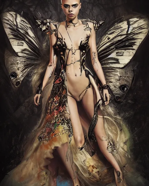 Prompt: photo of cara delevingne wearing butterfly dress by Alexander McQueen, concept art, raymond swanland, extreme detail, golden ratio, trending on artstation