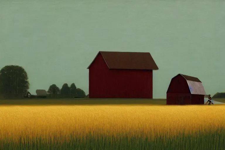 Image similar to a wheat field with a scarecrow and a barn artwork by tim eitel