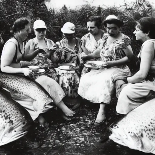 Image similar to a group of women feasting on trouts