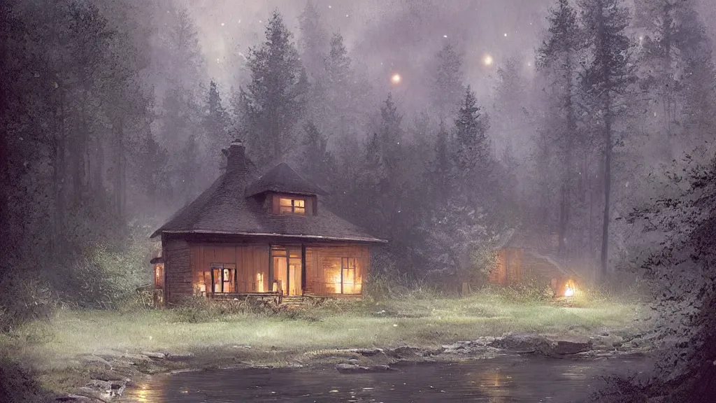 Image similar to small wooden cottage in the forest at night, smoke coming out of the chimney, nocturnal, redwood trees, peaceful, river running past the cottage, a wooden rowing boat, galaxy in the night sky, by charlie bowater, by greg rutkowski