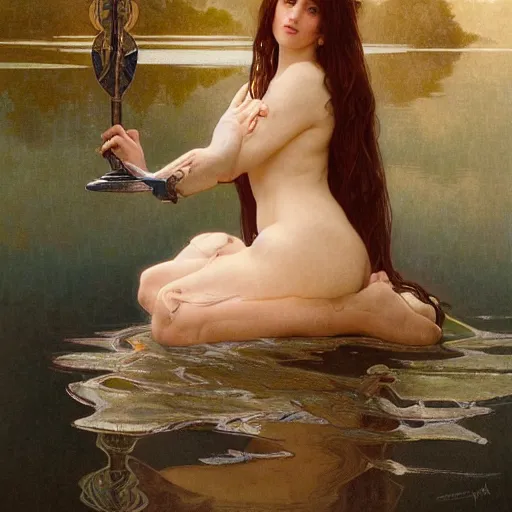 Prompt: portrait of the lady of the lake rising from the water holding excalibur, intricate, elegant, highly detailed, digital painting, artstation, concept art, smooth, sharp focus, illustration, art by artgerm and greg rutkowski and alphonse mucha and william - adolphe bouguereau
