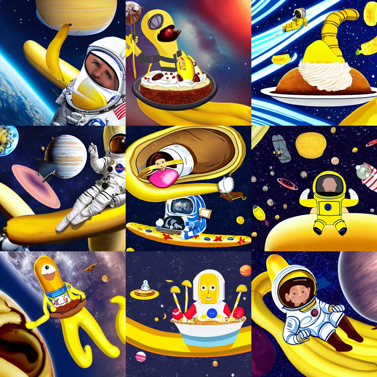 Prompt: HD Digital art of an astronaut with a banana head relaxing on a giant banana split dessert in space