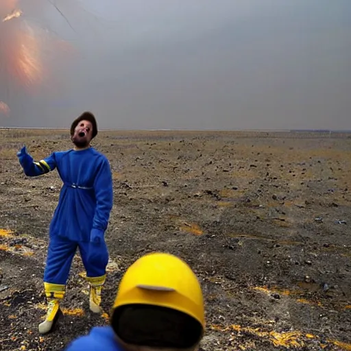 Image similar to a frightened ukrainian dying in blue clothes below and above against the background of a huge yellow nuclear explosion burning him alive, selfie 2 0 2 2