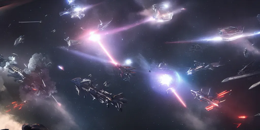Prompt: huge space battle, multiple spaceships fighting, moody lighting, anime style, 8 k