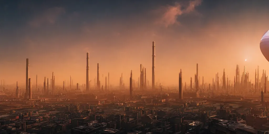 Image similar to big city like coruscant, with a green sunset smog sky, cinematic lighting, power plants with smoke, factories, tall metal towers, flying metal orbs, flying vehicles, a big moon in the sky, one blimp in the distance, a cloudy sky, mud mountains in background, hd 4k photo