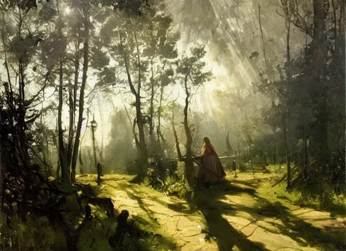 Image similar to oil painting of medieval forest path in dawn by anders zorn, wonderful art by greg rutkowski, incredible lighting, shadows, beautiful cinematic light, american romanticism by greg manchess, tall rocky mountains and storm clouds, sun rays, sunshine, bright sunny summer day, stone walls and wooden fences, meadow