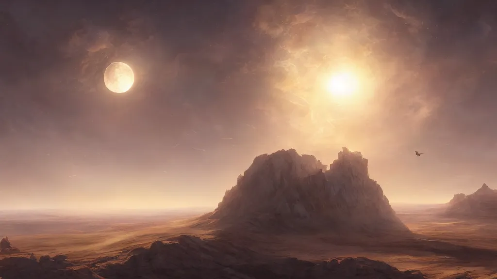 Prompt: The moon crashes into the earth, the desert, the sun's rays through the dust, a shock wave, birds and clouds in the sky, art by Jessica Rossier,